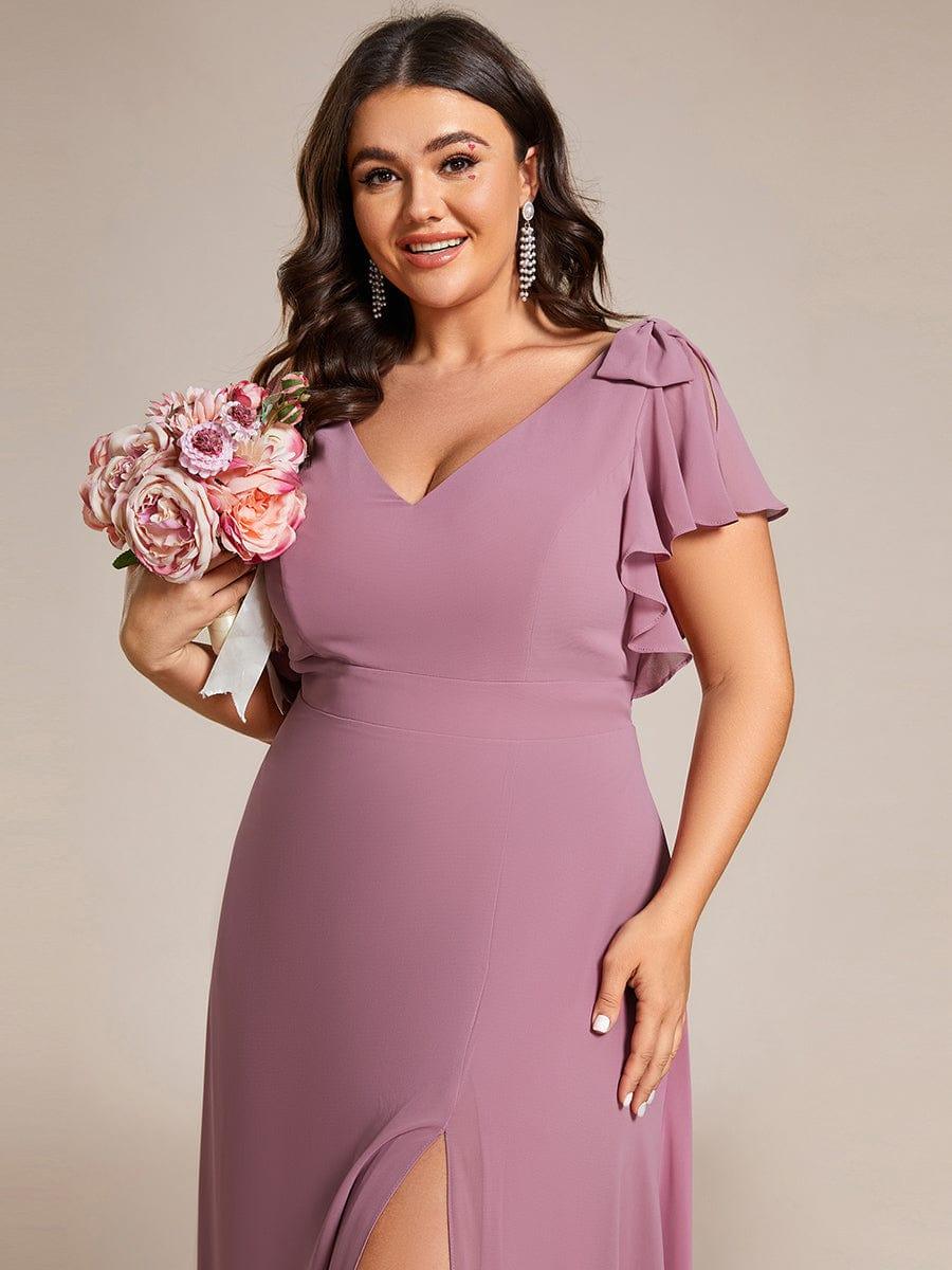 Plus Size Double V-Neck High Split Bridesmaid Dress with Ribbon Bow #color_Purple Orchid