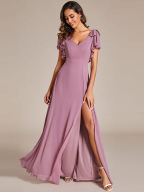 Double V-Neck High Split Bridesmaid Dress with Ribbon Bow