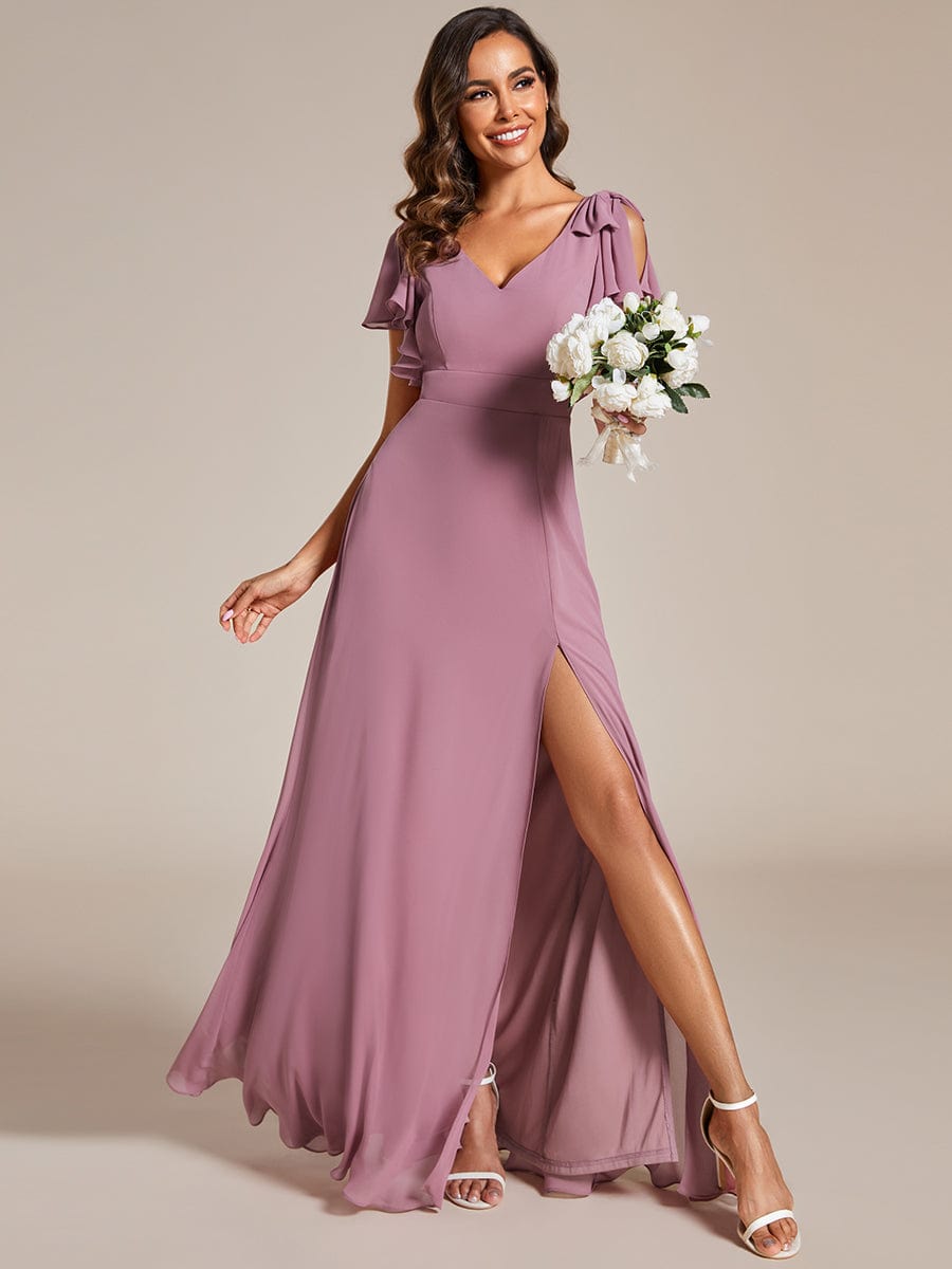 Double V-Neck High Split Bridesmaid Dress with Ribbon Bow