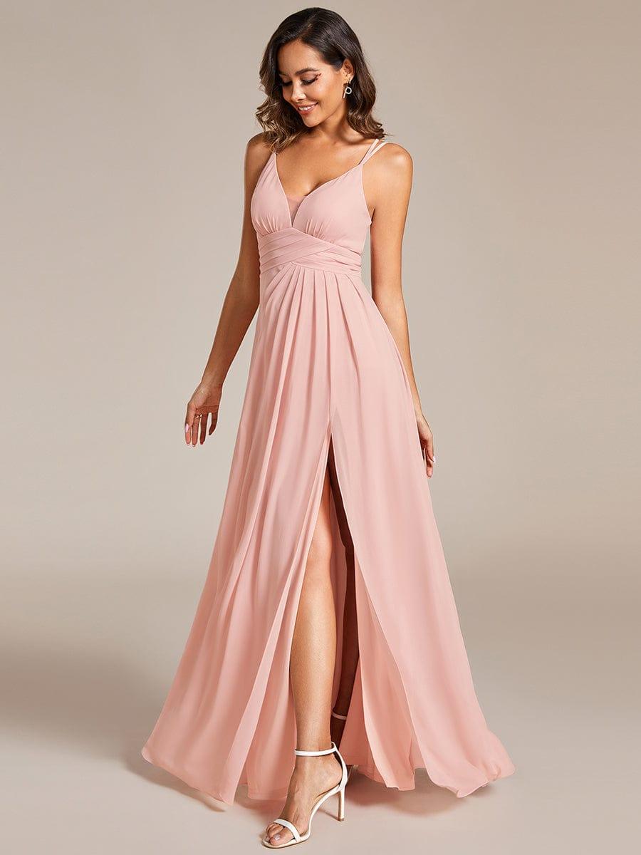 V-Neck Chiffon Bridesmaid Dress with High Slit #color_Pink
