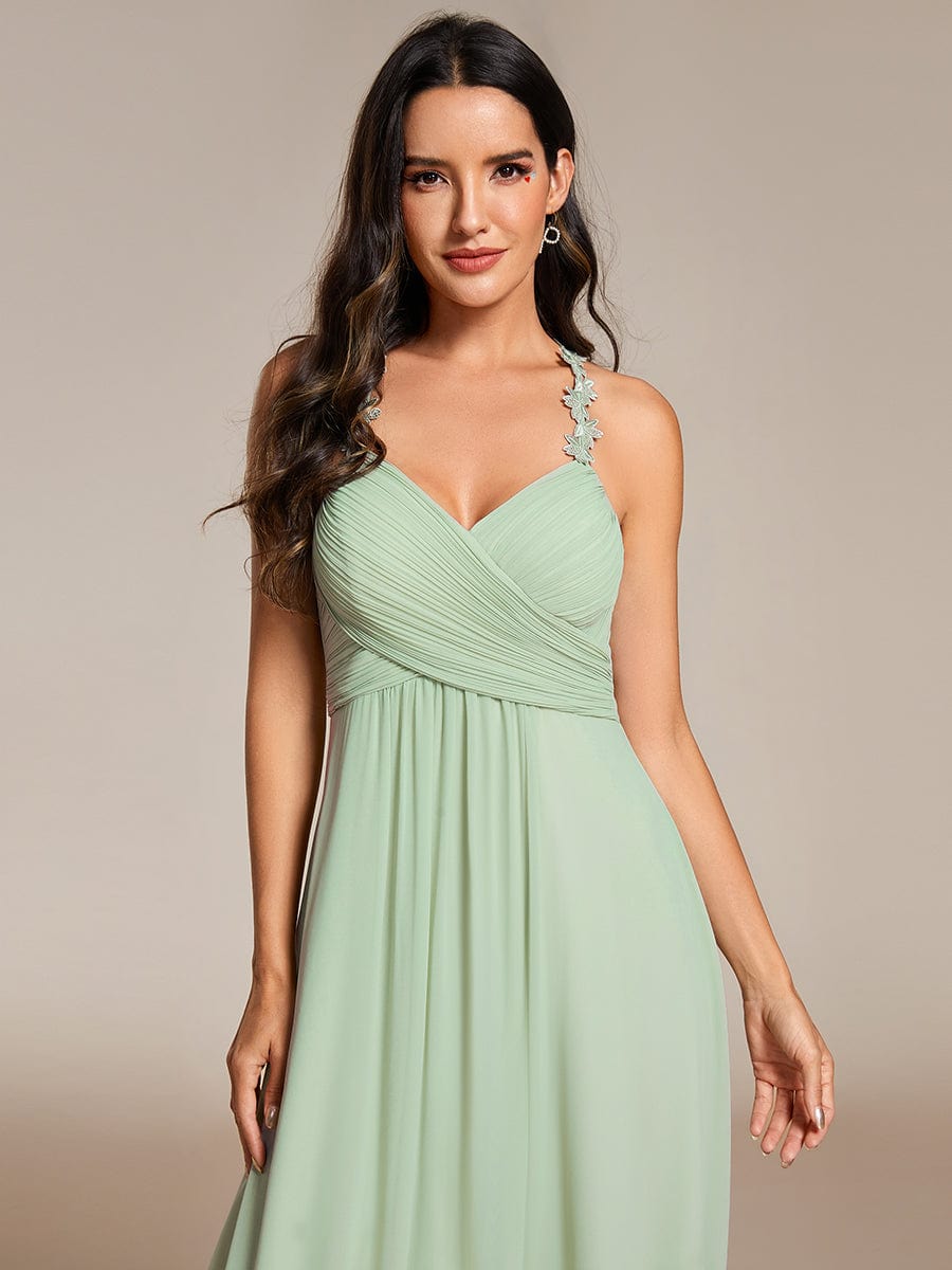 Backless Floral Halter Neck Pleated Bridesmaid Dress with V-Neck