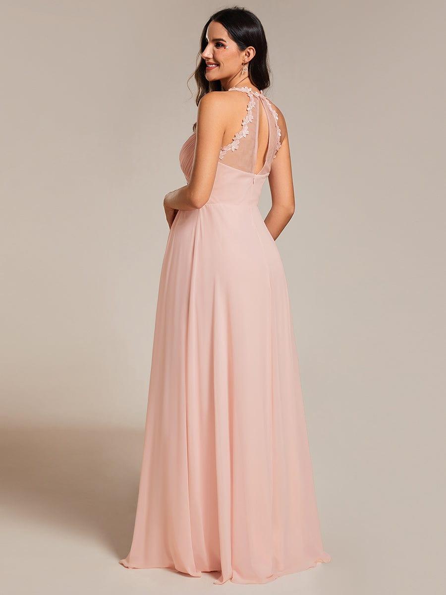 Backless Floral Halter Neck Pleated Bridesmaid Dress with V-Neck #color_Pink