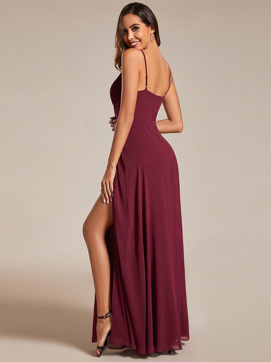 V-Neck Spaghetti Strap Chiffon Bridesmaid Dress with High Slit #color_Burgundy