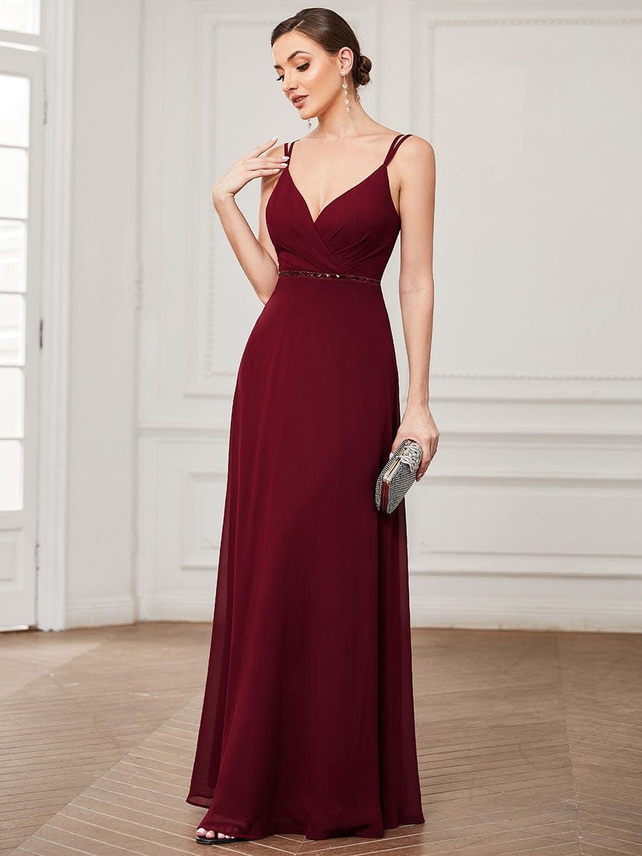 Sequin Belted Double Spaghetti Strap Chiffon Bridesmaid Dress #Color_Burgundy Sequin Belted Double Spaghetti Strap Chiffon Bridesmaid Dress