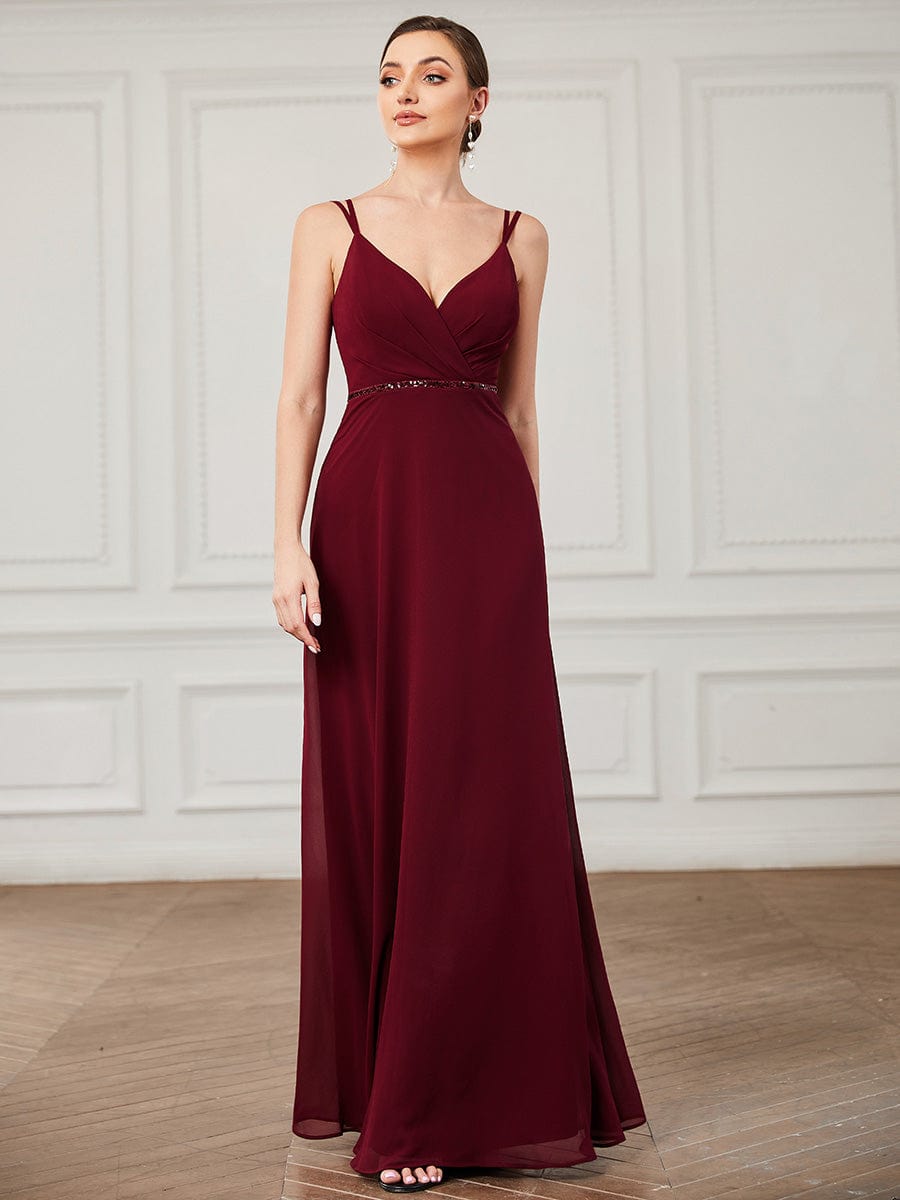 Sequin Belted Double Spaghetti Strap Chiffon Bridesmaid Dress #Color_Burgundy Sequin Belted Double Spaghetti Strap Chiffon Bridesmaid Dress