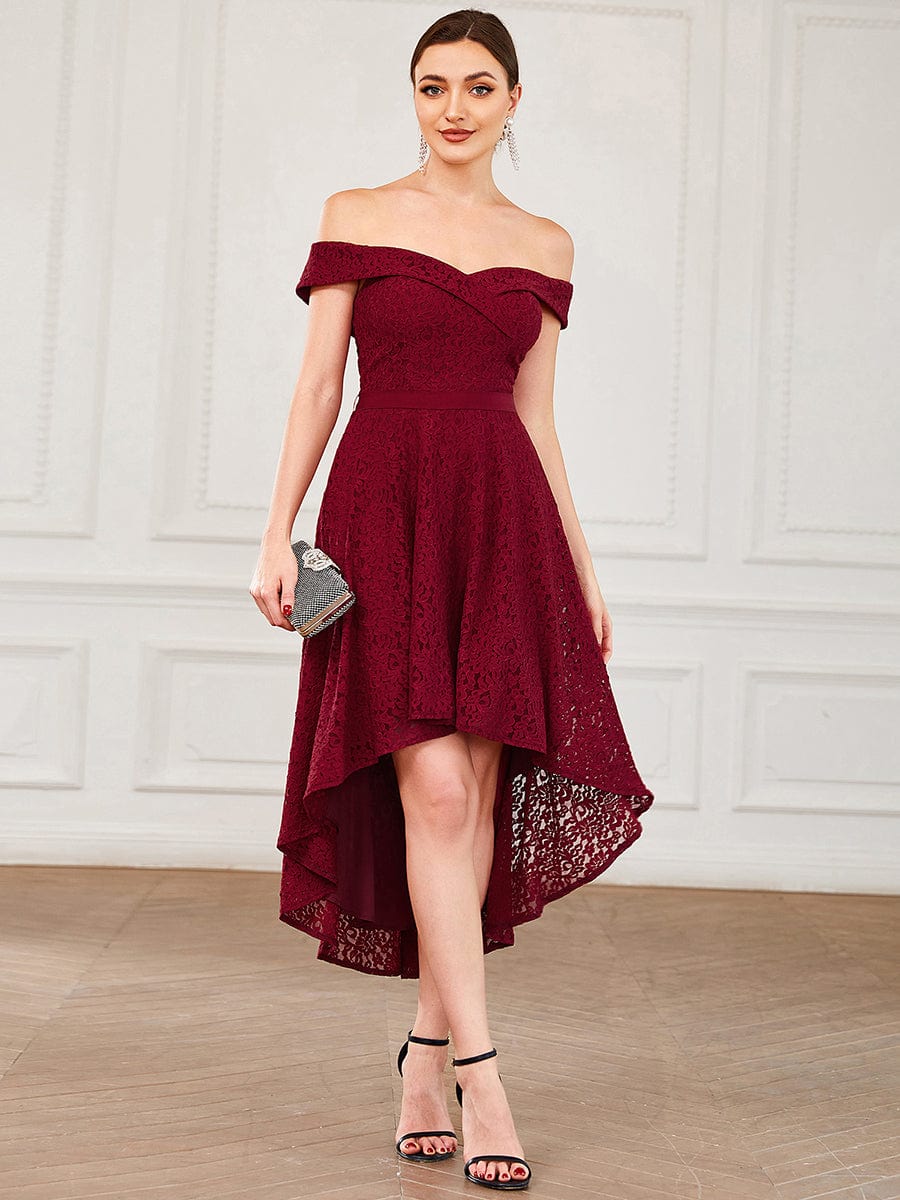 Sweetheart Off-Shoulder Lace High-Low Bridesmaid Dress #color_Burgundy Sweetheart Off-Shoulder Lace High-Low Bridesmaid Dress