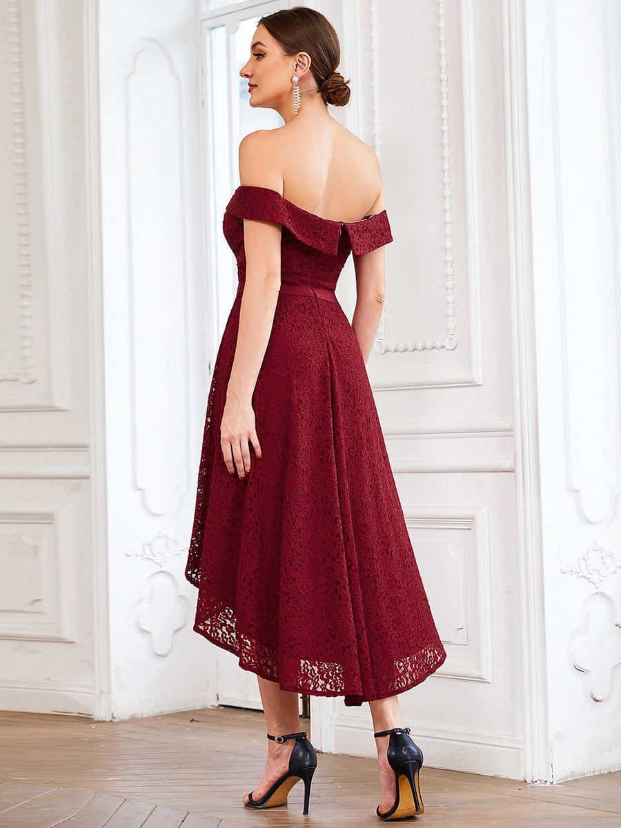 Sweetheart Off-Shoulder Lace High-Low Bridesmaid Dress #color_Burgundy