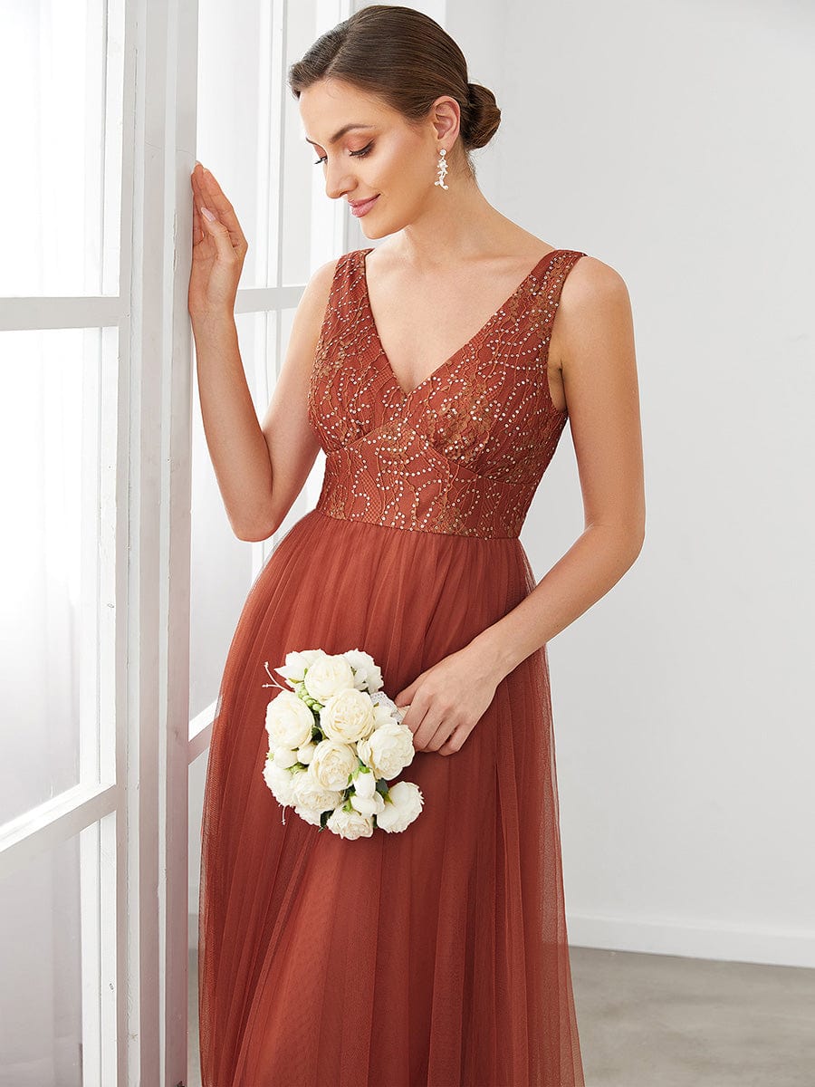 Lace V-Neck Sleeveless Tulle  A-Line Bridesmaid Dress