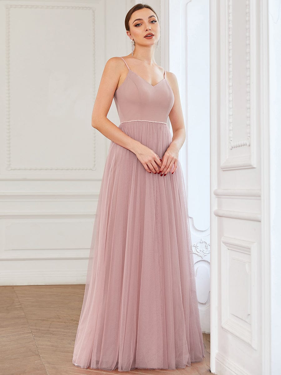 Tulle Sweetheart Spaghetti Strap A-Line Bridesmaid Dress #color_Dusty Rose Tulle Sweetheart Spaghetti Strap A-Line Bridesmaid Dress