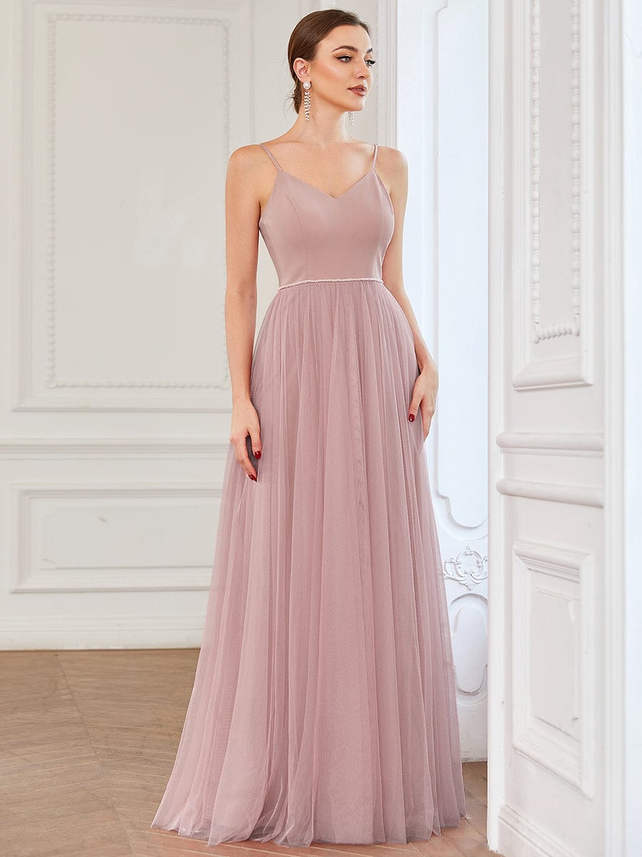Tulle Sweetheart Spaghetti Strap A-Line Bridesmaid Dress #color_Dusty Rose Tulle Sweetheart Spaghetti Strap A-Line Bridesmaid Dress