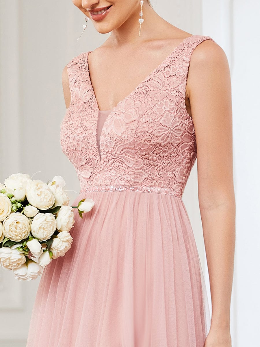 Lace Illusion Panel Sleeveless Tulle High Low Bridesmaid Dress #Color_Pink Lace Illusion Panel Sleeveless Tulle High Low Bridesmaid Dress