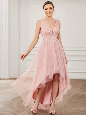 Lace Illusion Panel Sleeveless Tulle High Low Bridesmaid Dress