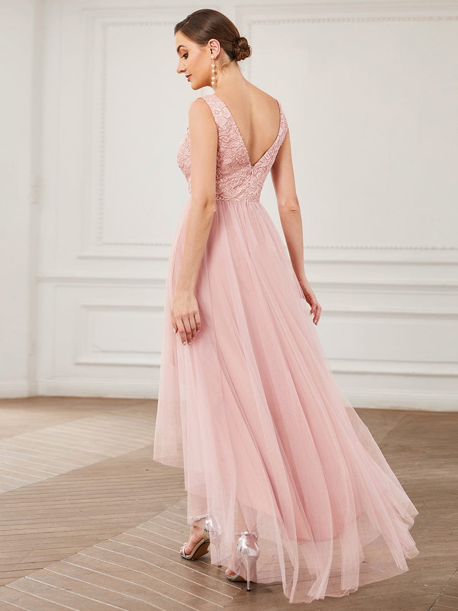 Lace Illusion Panel Sleeveless Tulle High Low Bridesmaid Dress #Color_Pink