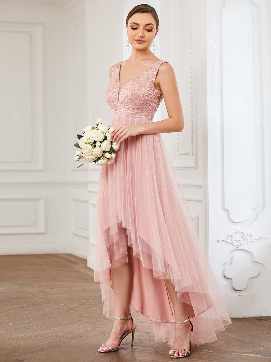 Lace Illusion Panel Sleeveless Tulle High Low Bridesmaid Dress #Color_Pink Lace Illusion Panel Sleeveless Tulle High Low Bridesmaid Dress