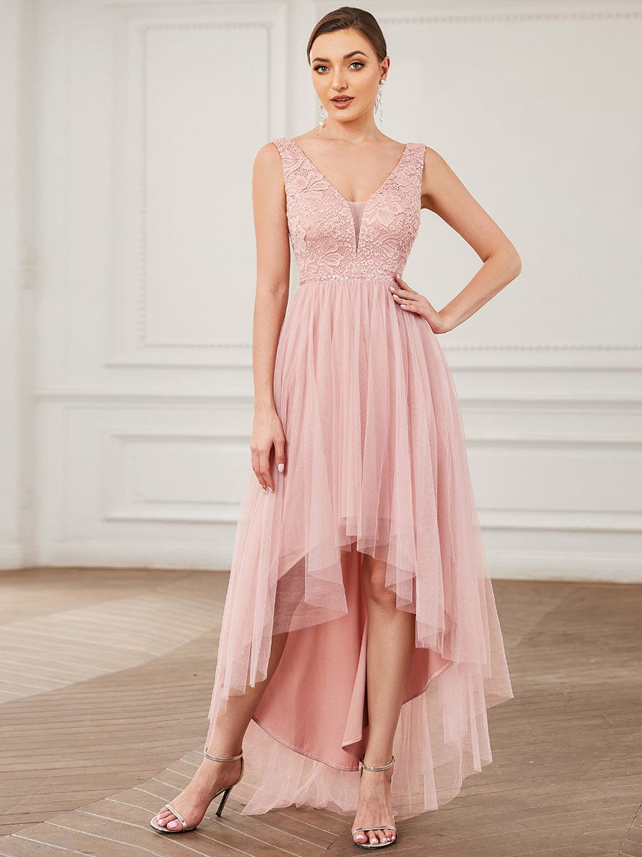 Lace Illusion Panel Sleeveless Tulle High Low Bridesmaid Dress #Color_Pink Lace Illusion Panel Sleeveless Tulle High Low Bridesmaid Dress