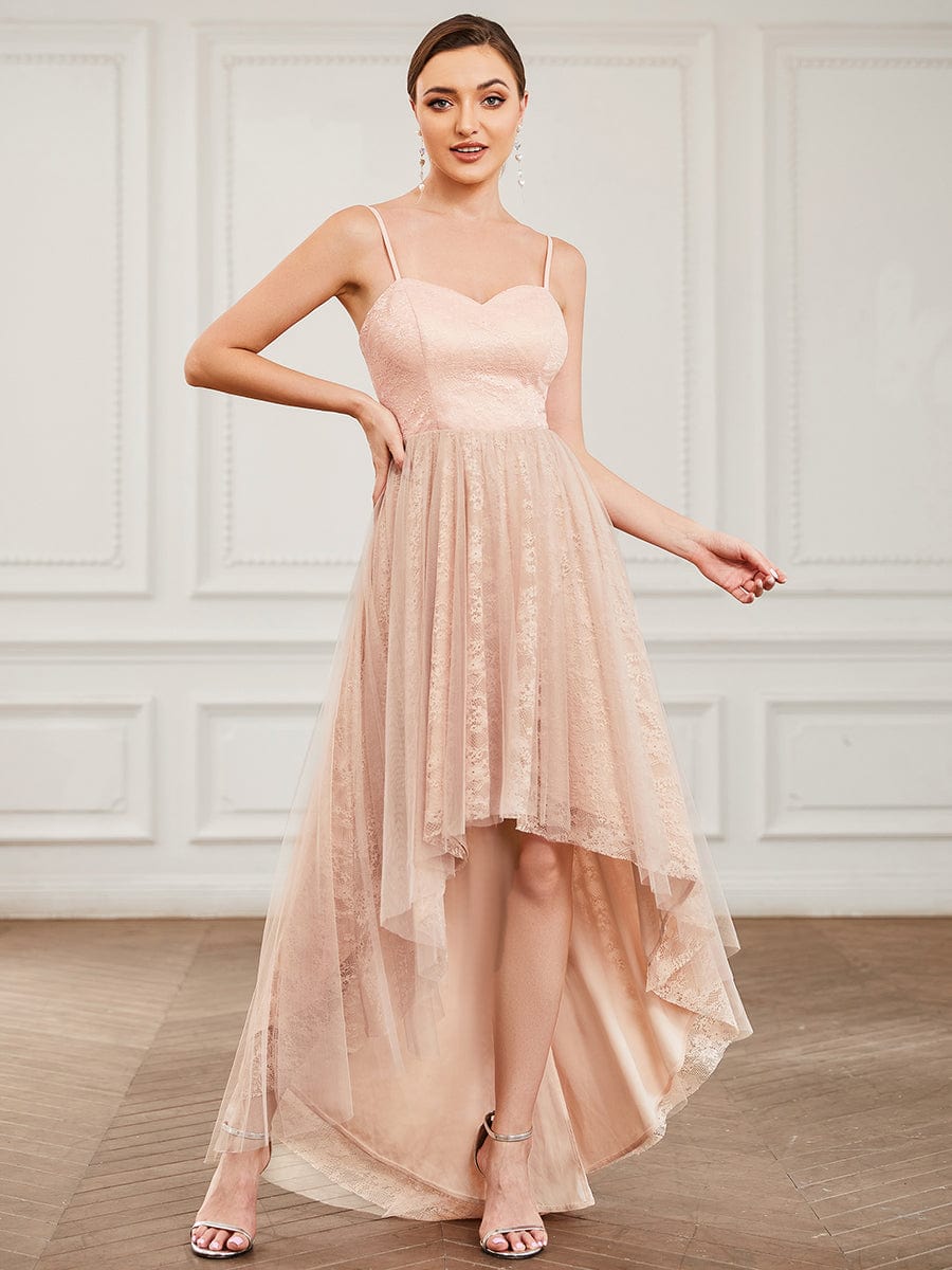 Lace Sweetheart Spaghetti Strap High Low Bridesmaid Dress #Color_Blush Lace Sweetheart Spaghetti Strap High Low Bridesmaid Dress