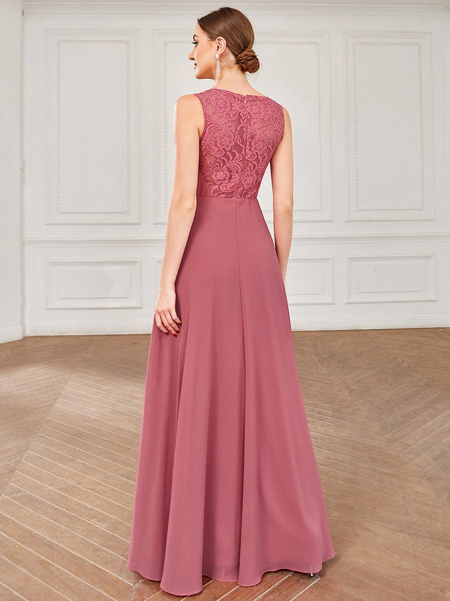 Sleeveless Lace Back Chiffon A-Line Bridesmaid Dress #color_Cameo Brown Sleeveless Lace Back Chiffon A-Line Bridesmaid Dress