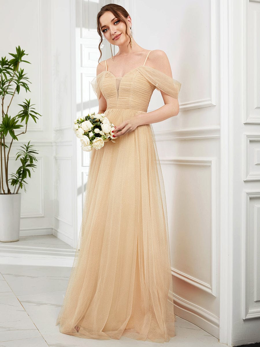 Tulle A-Line Cold Shoulder Spaghetti Strap Bridesmaid Dress #color_Gold