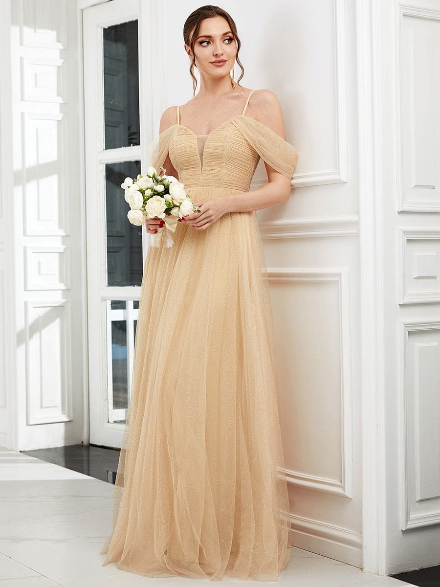 Tulle A-Line Cold Shoulder Spaghetti Strap Bridesmaid Dress #color_Gold