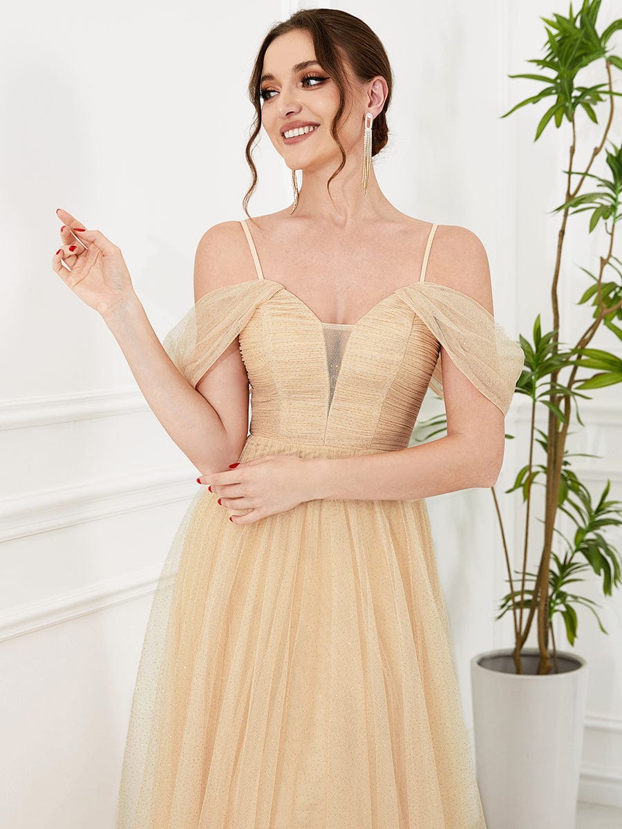 Tulle A-Line Cold Shoulder Spaghetti Strap Bridesmaid Dress #color_Gold