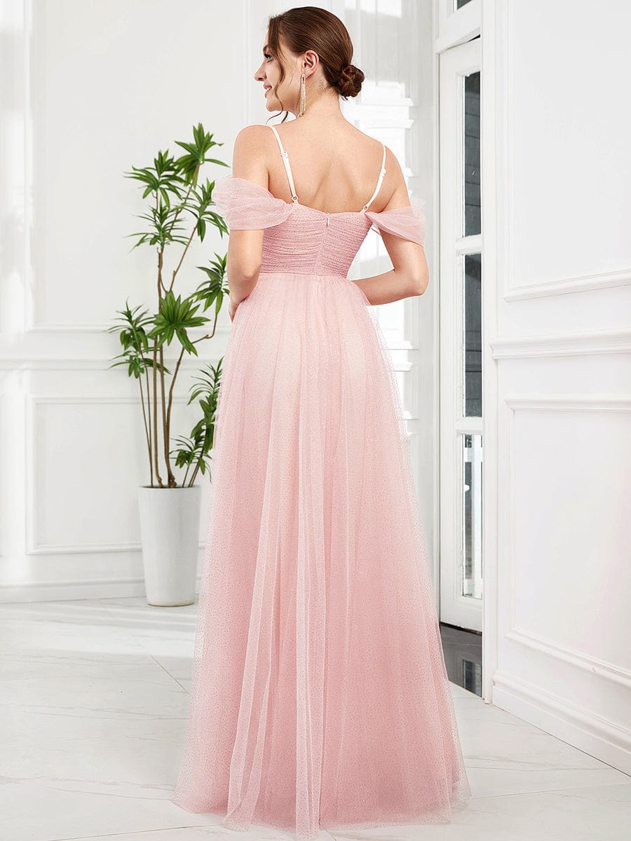 Tulle A-Line Cold Shoulder Spaghetti Strap Bridesmaid Dress #color_Pink