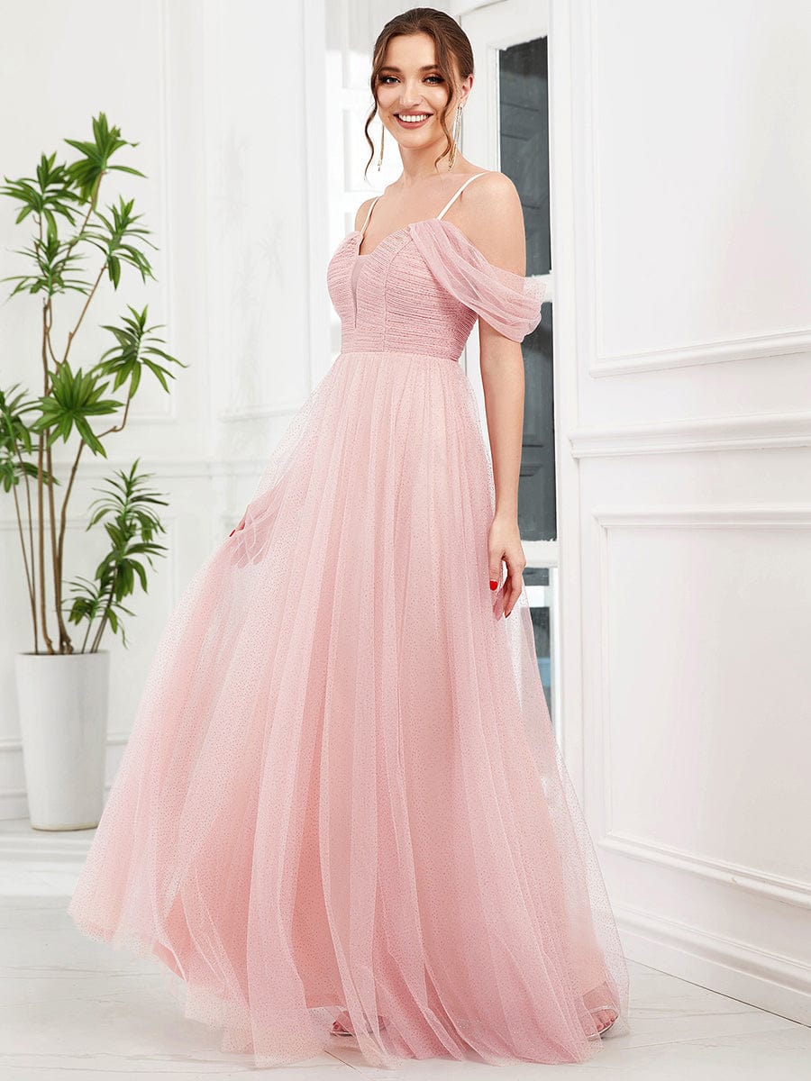 Tulle A-Line Cold Shoulder Spaghetti Strap Bridesmaid Dress #color_Pink