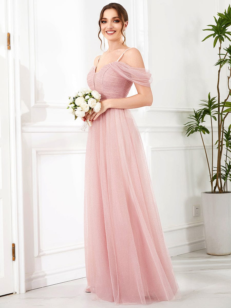 Tulle A-Line Cold Shoulder Spaghetti Strap Bridesmaid Dress #color_Pink
