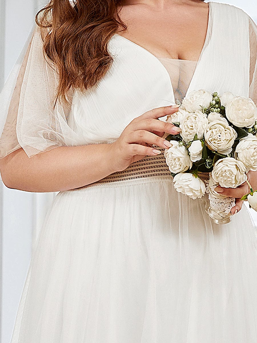 Plus Size A-Line Short Sleeve V-Neck Tulle Bridesmaid Dress