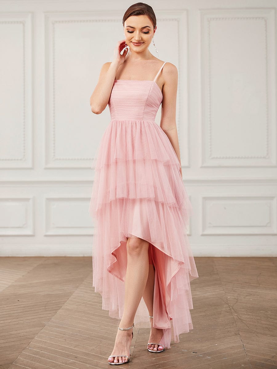 Tulle Spaghetti Strap High-Low Ruffled Bridesmaid Dress #Color_Pink Tulle Spaghetti Strap High-Low Ruffled Bridesmaid Dress