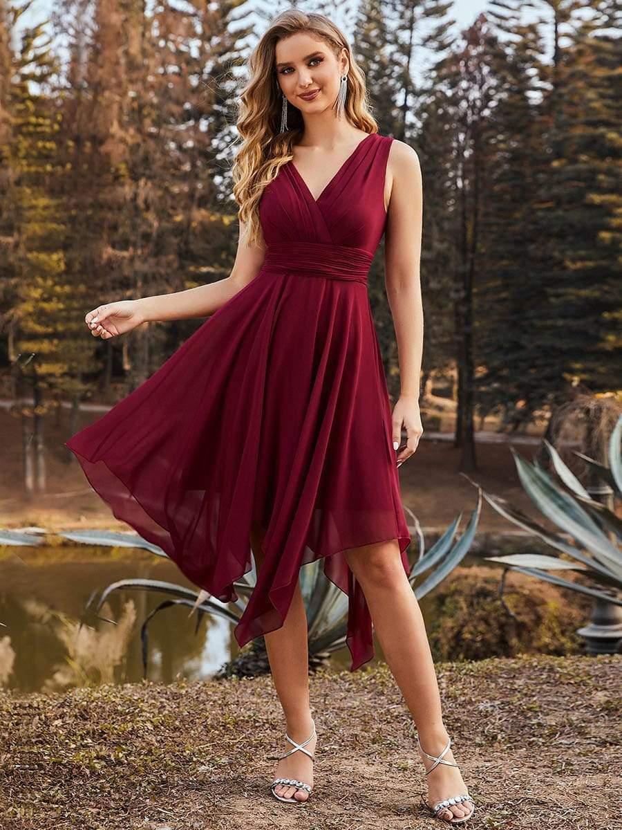 Knee Length Chiffon Bridesmaid Dress with Irregular Hem #color_Burgundy