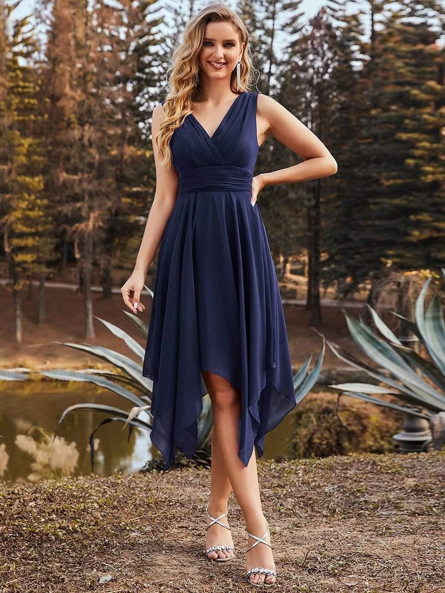 Knee Length Chiffon Bridesmaid Dress with Irregular Hem #color_Navy Blue