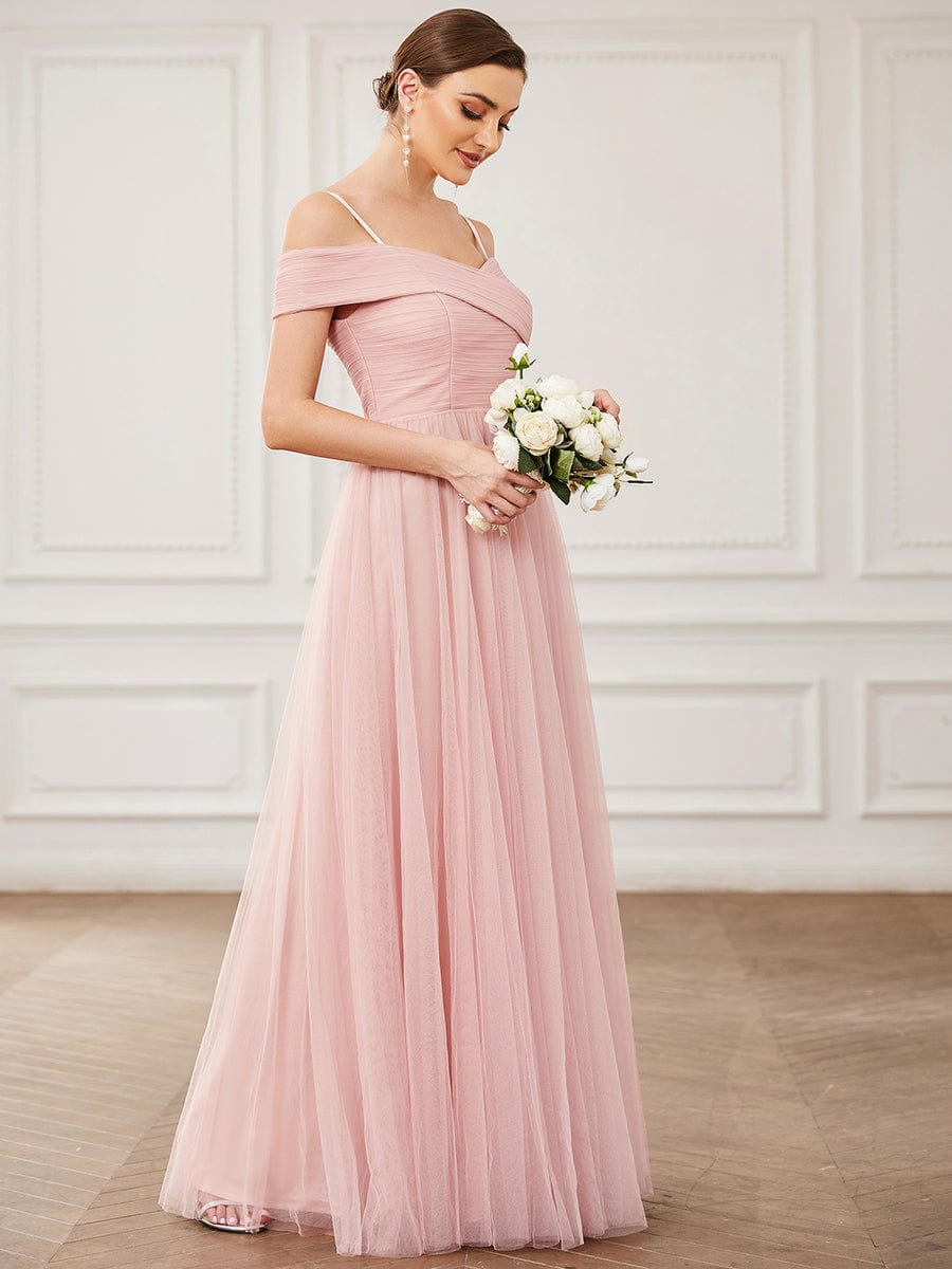 Cross Over Spaghetti Strap Cold Shoulder Pleated Tulle Bridesmaid Dress #color_Pink Cross Over Spaghetti Strap Cold Shoulder Pleated Tulle Bridesmaid Dress