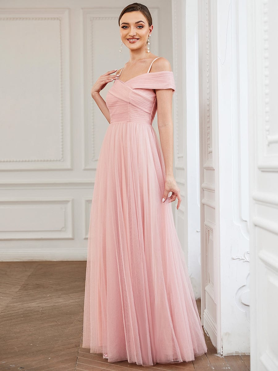 Cross Over Spaghetti Strap Cold Shoulder Pleated Tulle Bridesmaid Dress #color_Pink Cross Over Spaghetti Strap Cold Shoulder Pleated Tulle Bridesmaid Dress