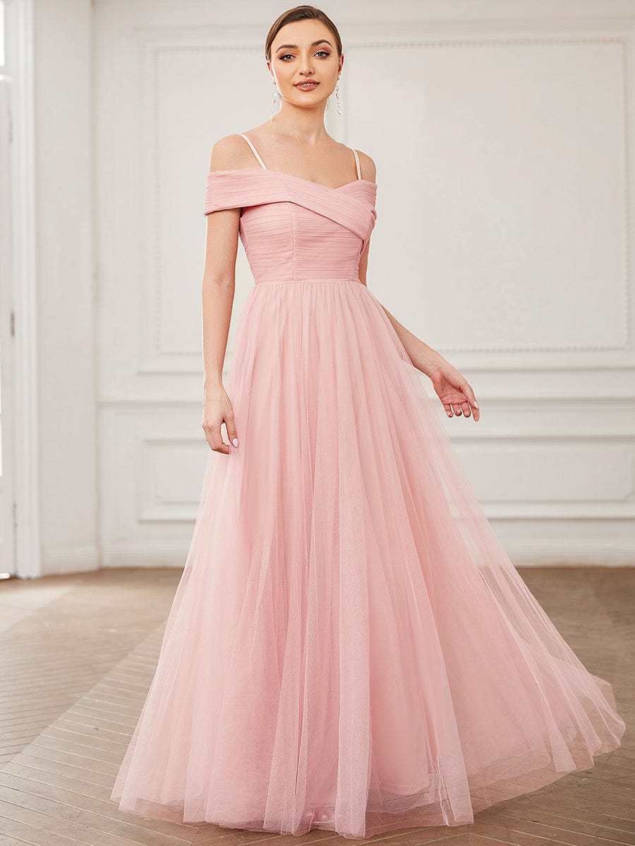 Cross Over Spaghetti Strap Cold Shoulder Pleated Tulle Bridesmaid Dress #color_Pink Cross Over Spaghetti Strap Cold Shoulder Pleated Tulle Bridesmaid Dress