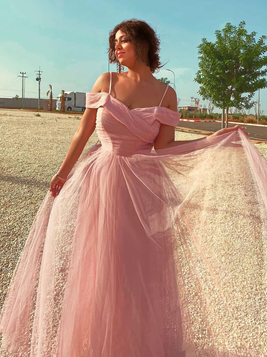 Cross Over Spaghetti Strap Cold Shoulder Pleated Tulle Bridesmaid Dress #color_Pink Cross Over Spaghetti Strap Cold Shoulder Pleated Tulle Bridesmaid Dress