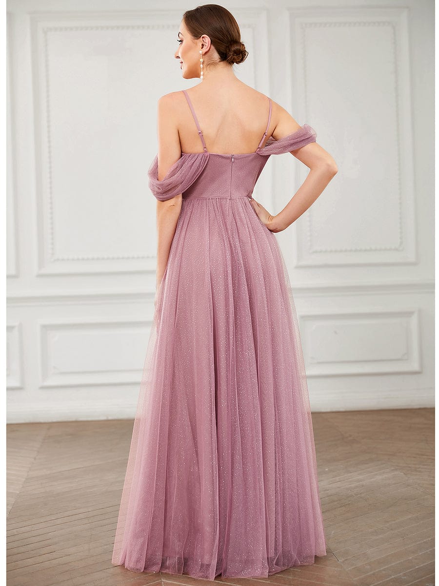Custom Size Tulle Sweetheart Spaghetti Strap Draped Sleeve Bridesmaid Dress #Color_Purple Orchid Custom Size Tulle Sweetheart Spaghetti Strap Draped Sleeve Bridesmaid Dress