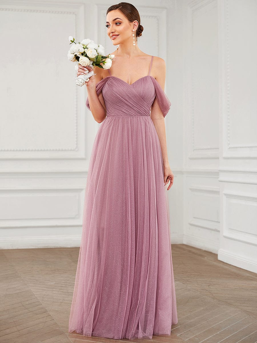 Custom Size Tulle Sweetheart Spaghetti Strap Draped Sleeve Bridesmaid Dress #Color_Purple Orchid Custom Size Tulle Sweetheart Spaghetti Strap Draped Sleeve Bridesmaid Dress