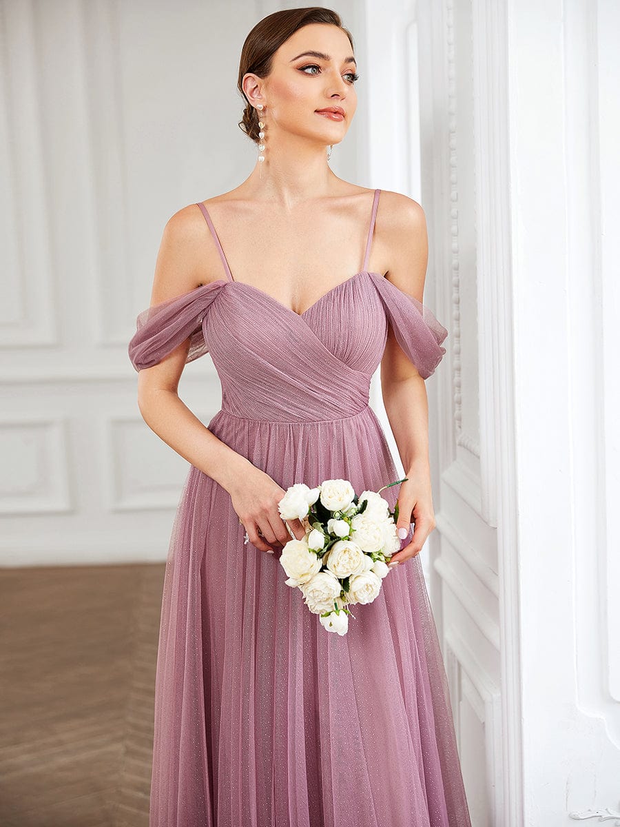 Custom Size Tulle Sweetheart Spaghetti Strap Draped Sleeve Bridesmaid Dress #Color_Purple Orchid Custom Size Tulle Sweetheart Spaghetti Strap Draped Sleeve Bridesmaid Dress