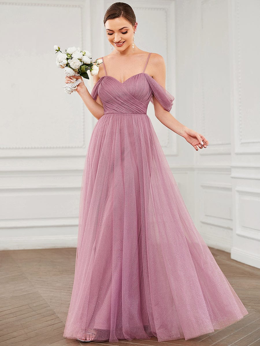 Custom Size Tulle Sweetheart Spaghetti Strap Draped Sleeve Bridesmaid Dress #Color_Purple Orchid Custom Size Tulle Sweetheart Spaghetti Strap Draped Sleeve Bridesmaid Dress