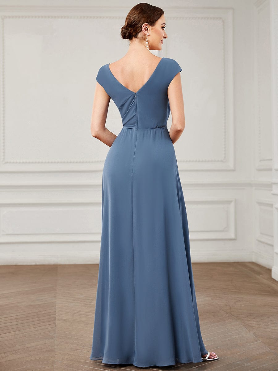 Cap Sleeve V-Neck High Slit Tie Waist Bridesmaid Dress #color_Dusty Navy Cap Sleeve V-Neck High Split Tie Waist Bridesmaid Dress