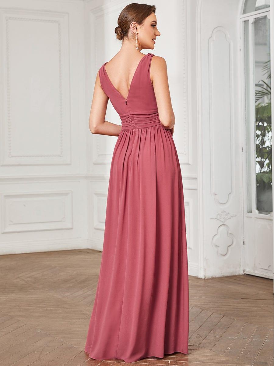 V Neck Sleeveless Pleated Chiffon Evening Dress #color_Cameo Brown