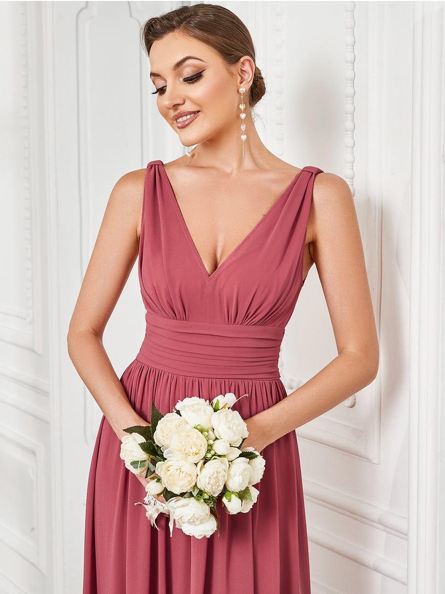 V Neck Sleeveless Pleated Chiffon Evening Dress #color_Cameo Brown