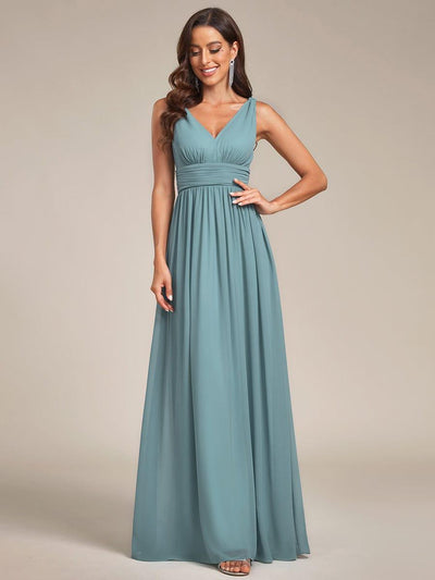 V Neck Sleeveless Pleated Chiffon Evening Dress #color_Light Teal