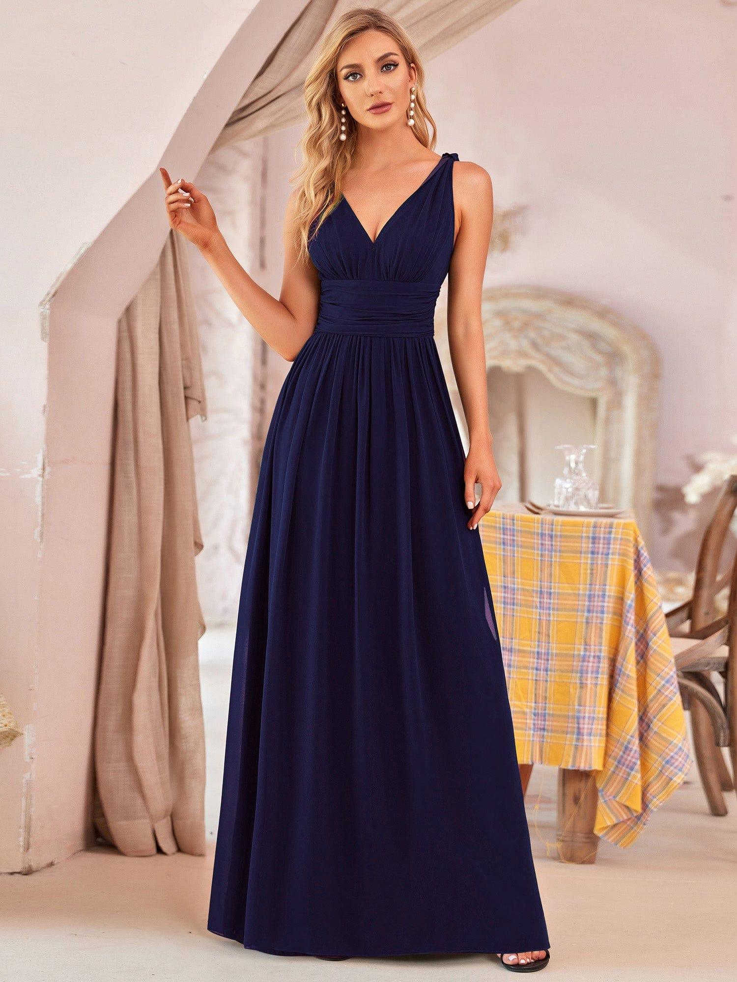 V Neck Sleeveless Pleated Chiffon Evening Dress #color_Navy Blue