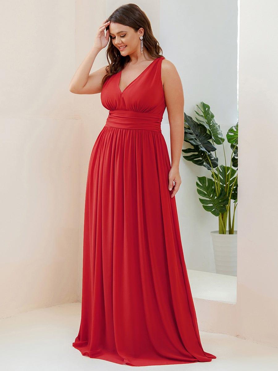 V Neck Sleeveless Pleated Chiffon Evening Dress #color_Red