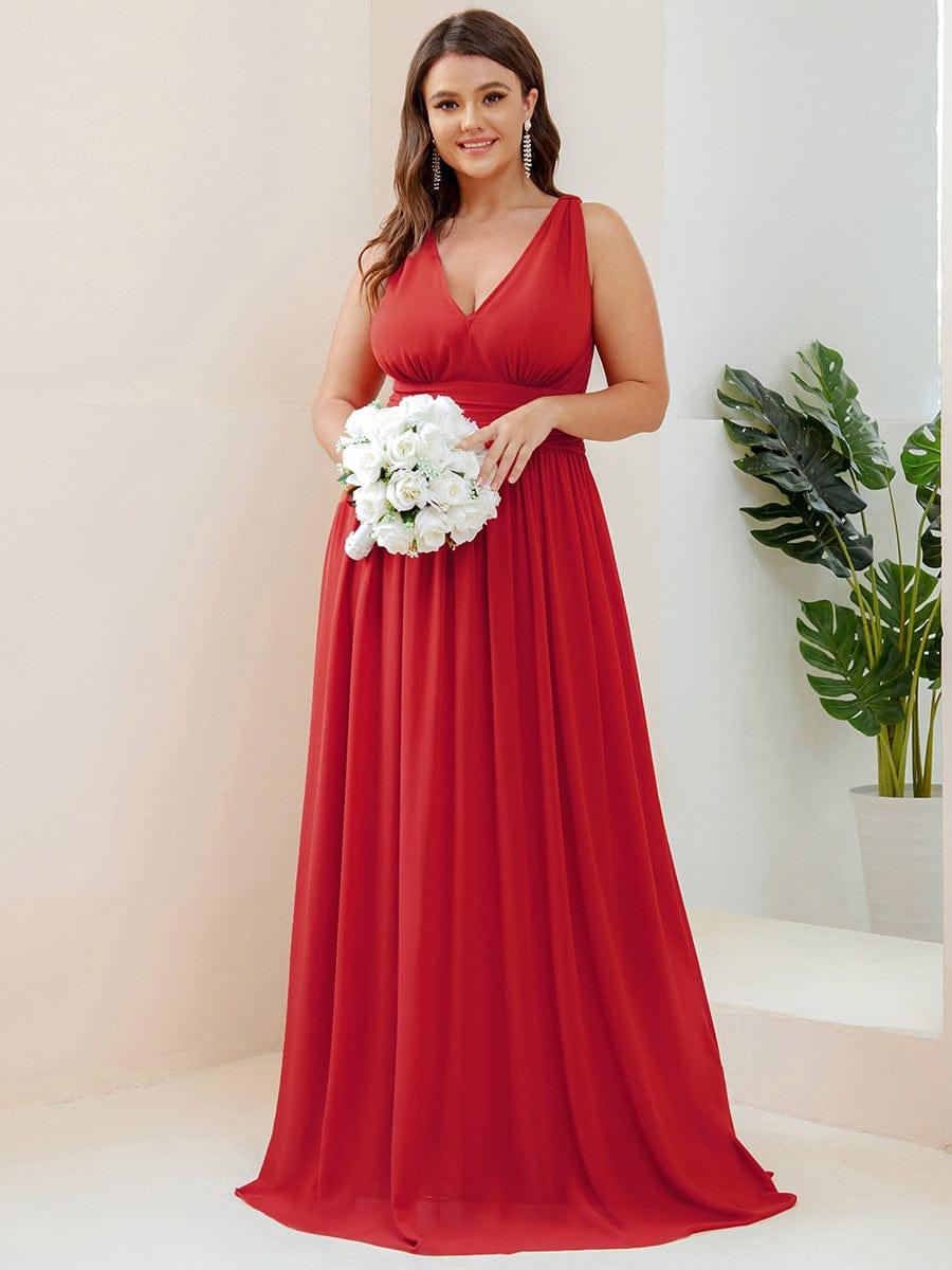 V Neck Sleeveless Pleated Chiffon Evening Dress #color_Red