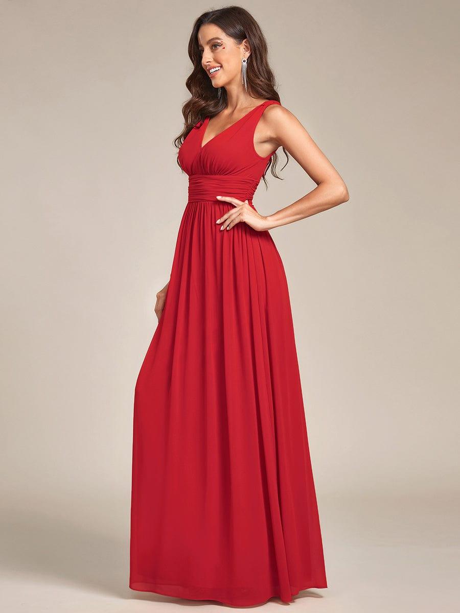 V Neck Sleeveless Pleated Chiffon Evening Dress #color_Red