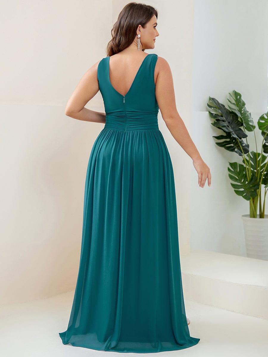 V Neck Sleeveless Pleated Chiffon Evening Dress #color_Teal