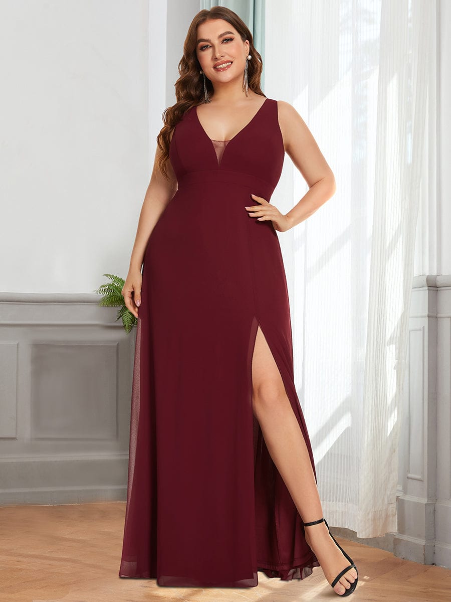 Deep V Open Back Slit Long Plus Size Bridesmaid Dress #color_Burgundy Deep V Open Back Slit Long Plus Size Bridesmaid Dress