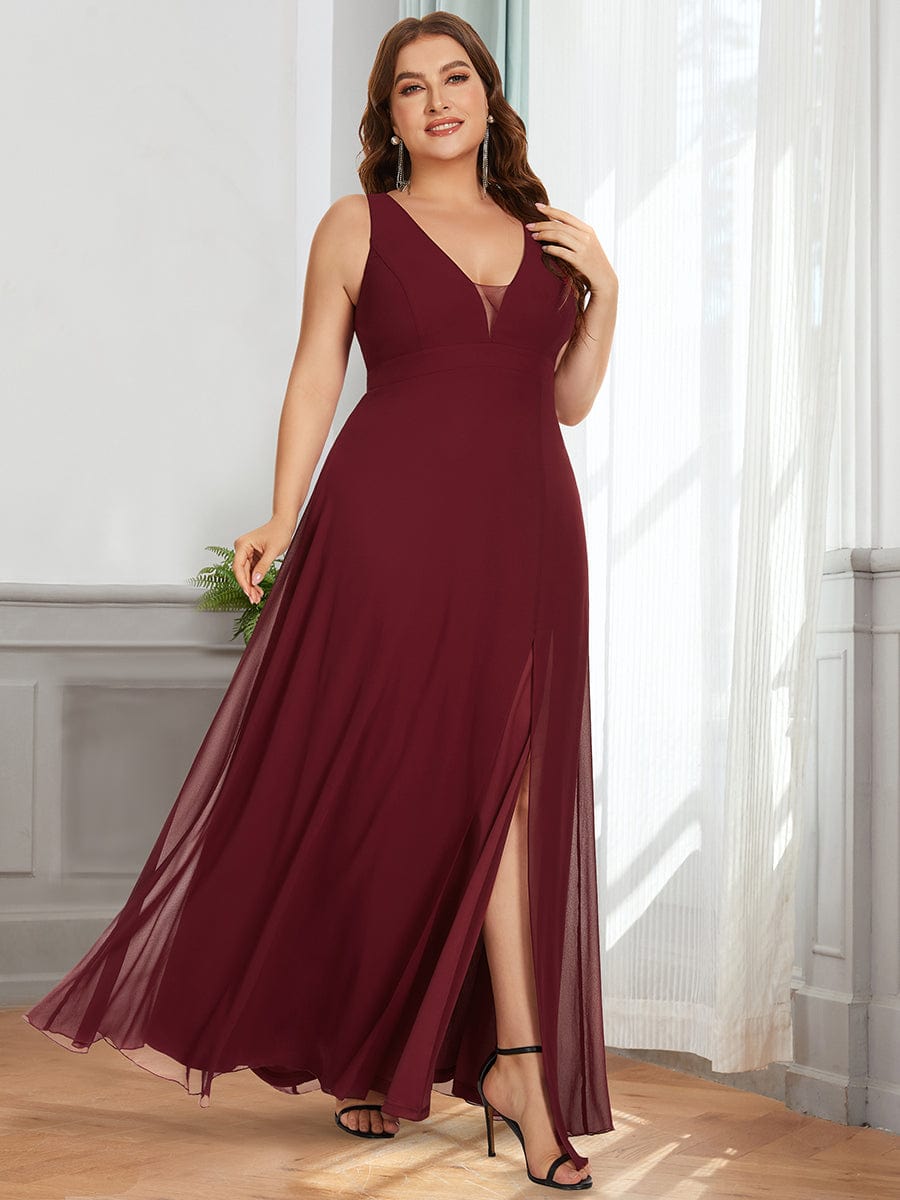 Deep V Open Back Slit Long Plus Size Bridesmaid Dress #color_Burgundy Deep V Open Back Slit Long Plus Size Bridesmaid Dress